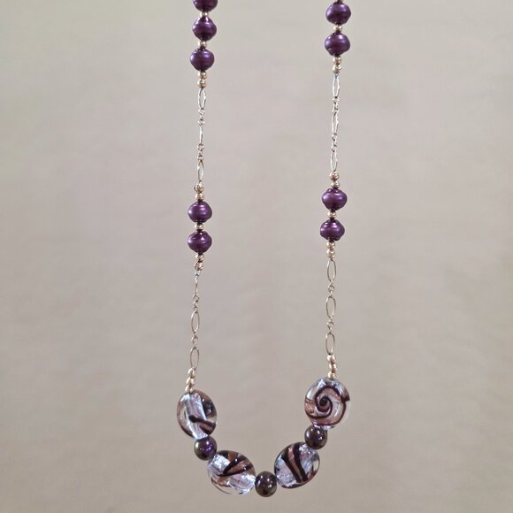 Vintage Murano Peacock Crimson Glass Pearl Amethyst Cat Eye Bead 14k/20 Necklace - Picture 7 of 16